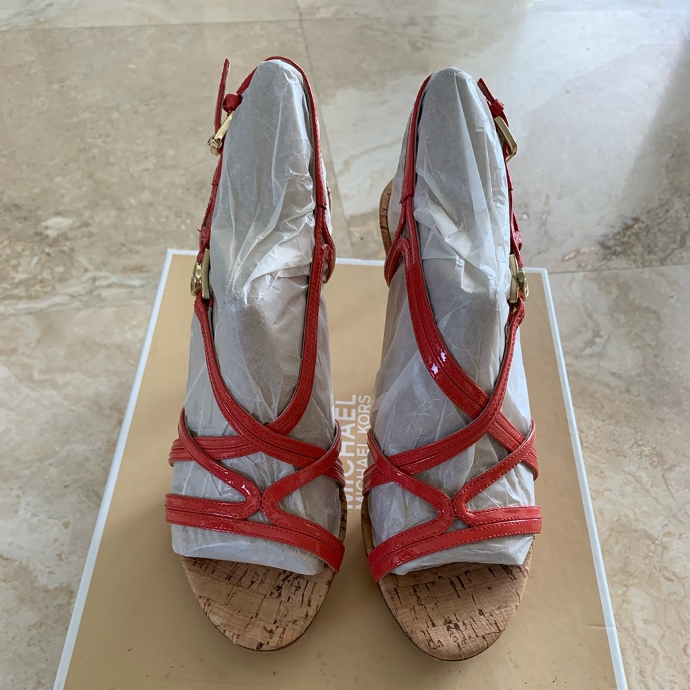 Michael Kors Cicely pink patent leather & cork heeled sandal 🍉